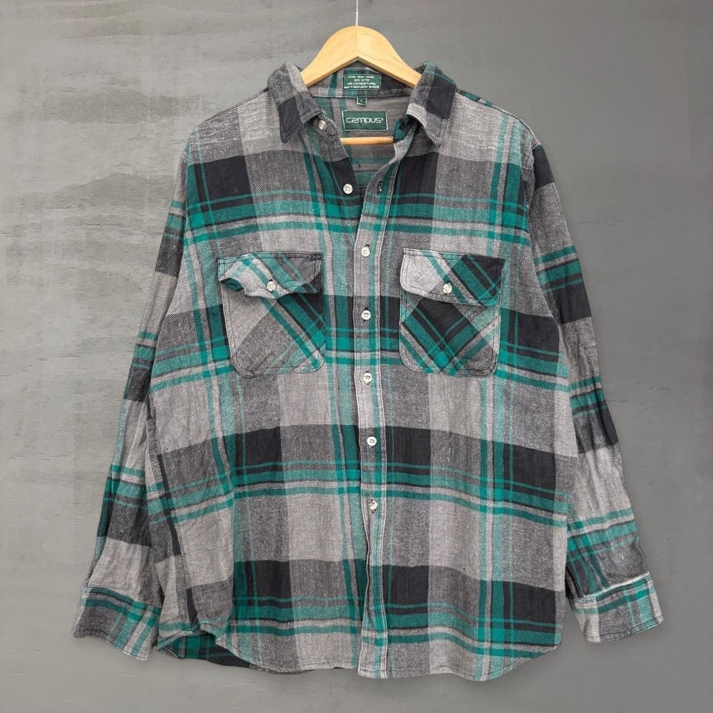 Vintage Campus Flannel Shirt Teal Green Grey Black Plaid Heavyweight Cotton XL